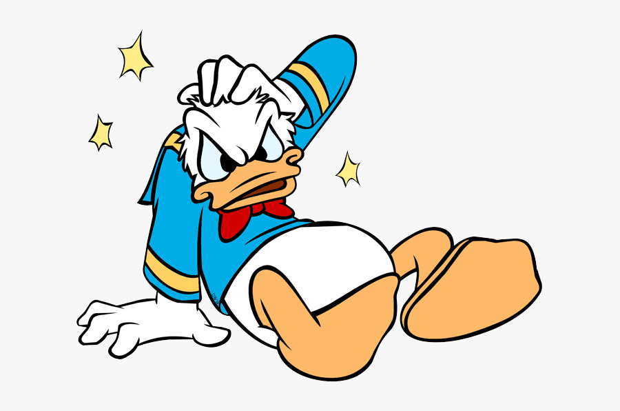 Donald Duck, seeing stars, glares at us.