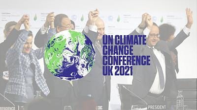 Politicians raising their arms in their air. A logo of the earth is superimposed with the text 'UN Climate Change Conference UK 2021'