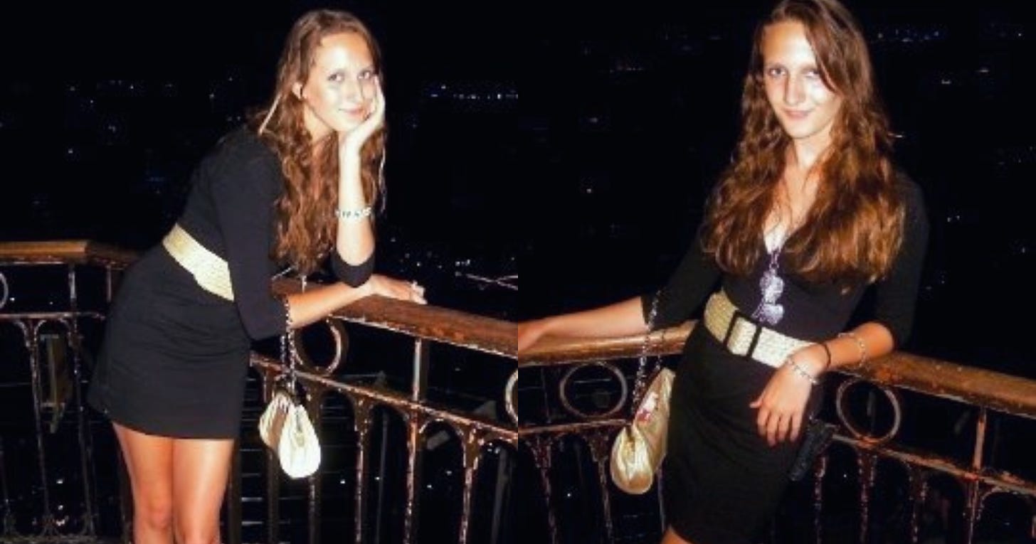 Larissa Marten, age 14, poses while leaning against a bannister, wearing a tight black dress.