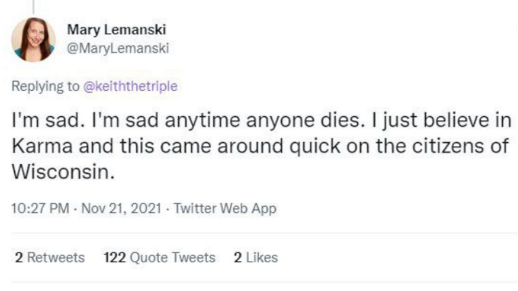 A screenshot of the tweet allegedly posted by Mary Lemanski.