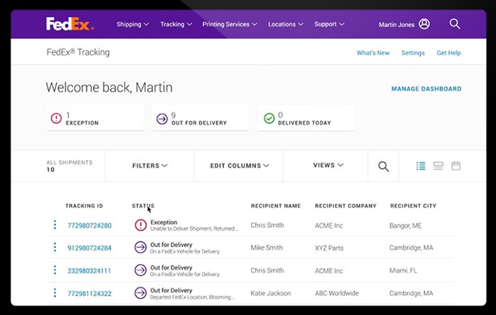 An overview of the Fedex tracking page. The top says “Welcome back, Martin”, showing the user is logged in. There are categories that state that there is 1 package listed as “exception”, 9 packages that are “out for Delivery”, an 0 package “Delivered today”. Additional information, such as the recipient name, is listed below.