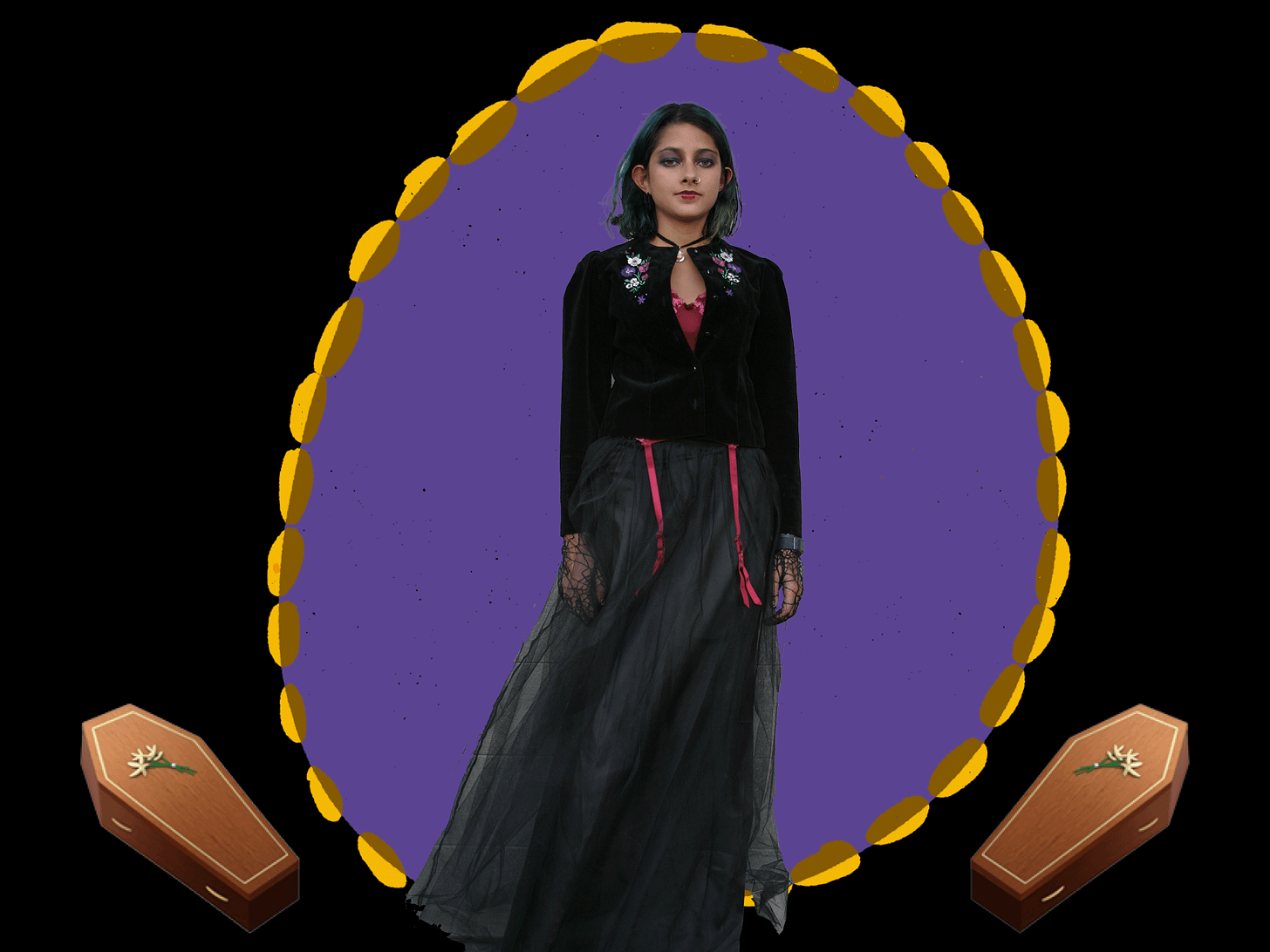 Tash is wearing some questionable fashion: blue highlights in her hair, dark eyeshadow, a thrifted velvet jacket and pendant, a corset that is not attached to stockings and a black tulle skirt. The photo has two coffin emojis on either side and a black background. 