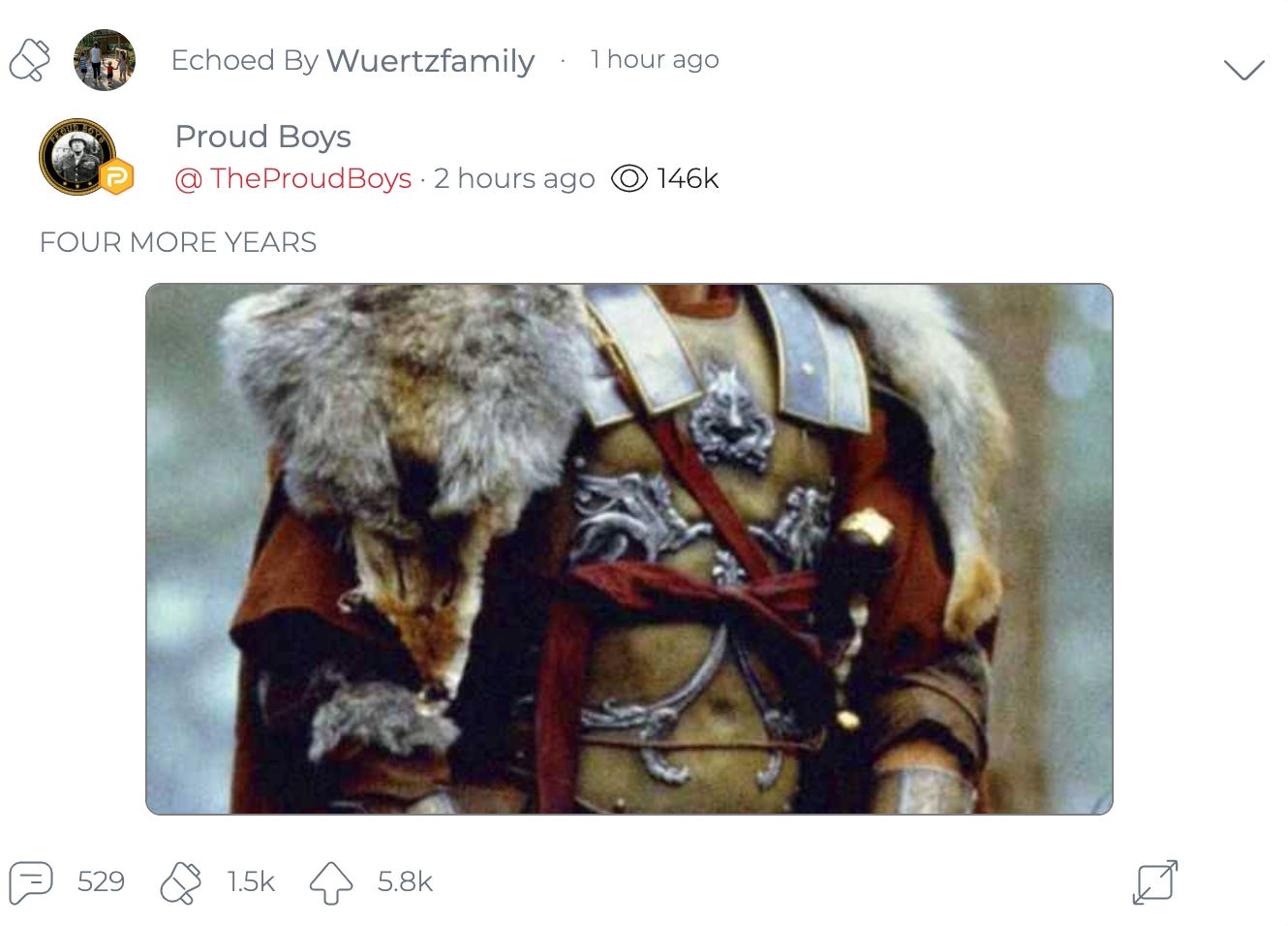 @WuertzFamily shares a Donald Trump meme posted by the official Proud Boys account on Parler. You can see the full meme on Imgur. (Image: Parler screenshot.)