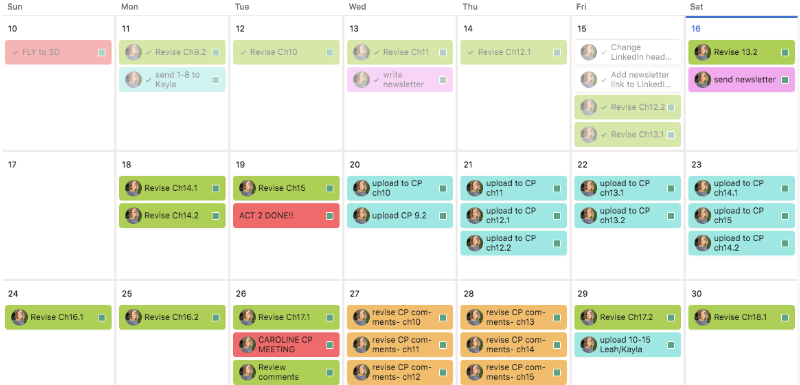 A calendar showing color-coded tasks per day of Revising, reviewing, and uploading chapters