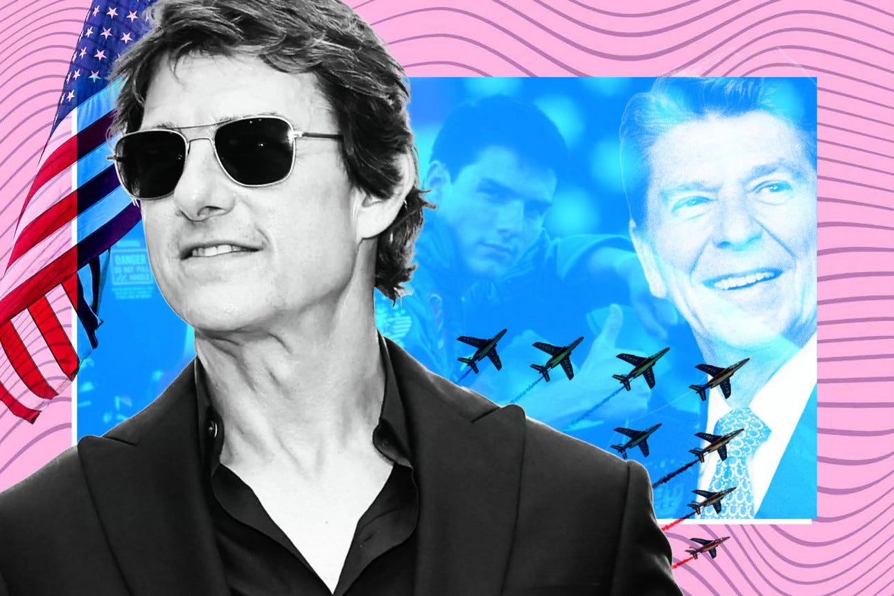 A photo illustration shows actor Tom Cruise wearing sunglasses next to an American flag, overlayed on images of fighter jets, a smiling President Ronald Reagan and a younger Cruise from the original &quot;Top Gun&quot; era giving a thumbs up.