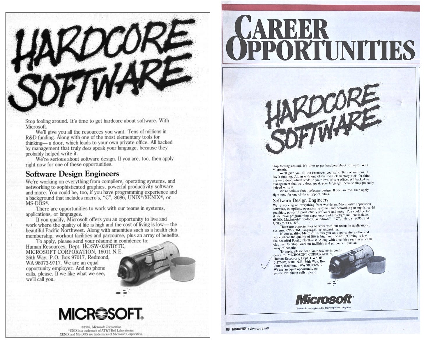 Hardcore Software career opportunity advertisements.