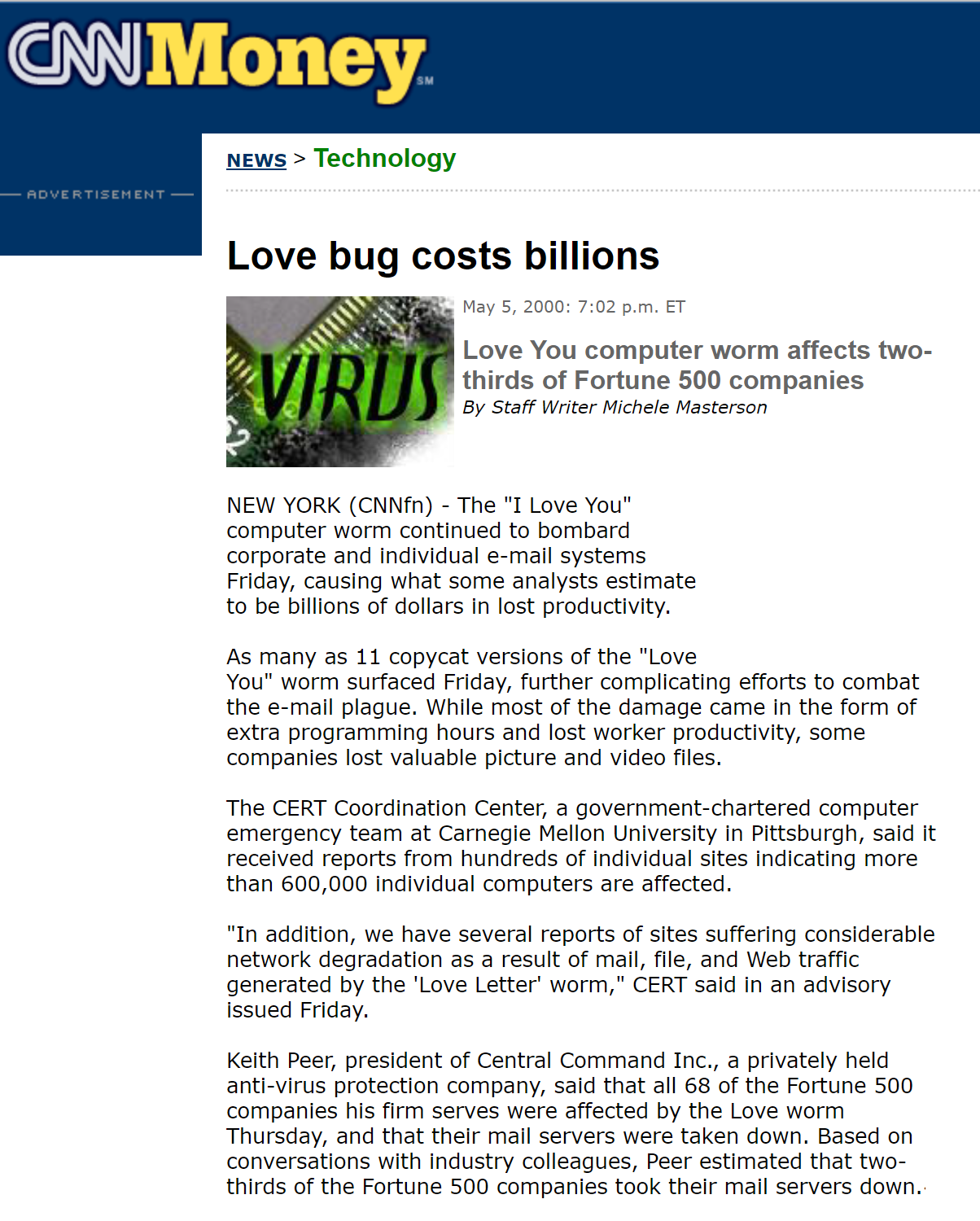 CNN Money "Love bug costs billions"
