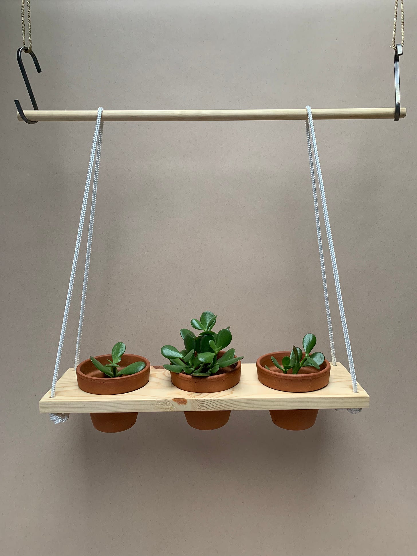 terra cotta planters in wood and rope plant hanger