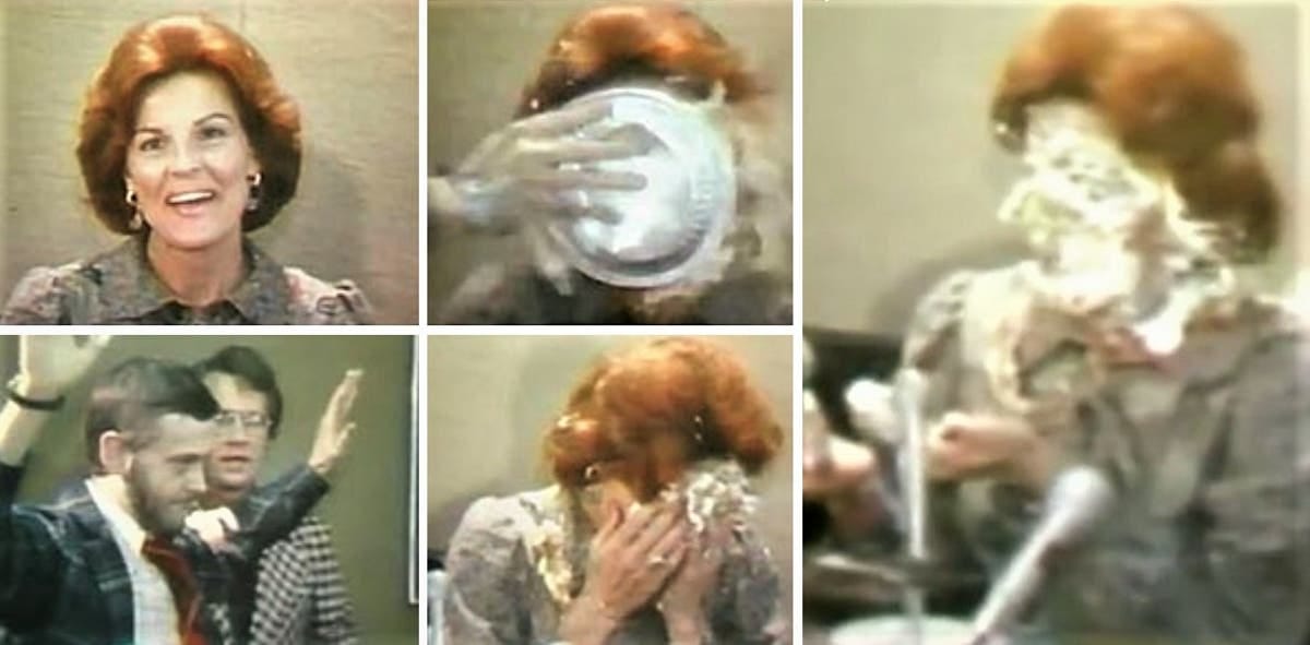 Five-paneled screenshot of Anita Bryant getting a pie thrown in her face by a gay activist during a press conference. Her face is covered in pie. The activist has put his hands up to indicate that's all he wanted to do.