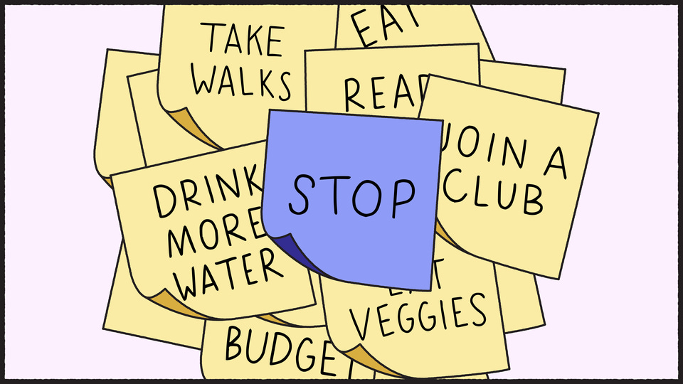 A pile of sticky notes with resolutions on them, including "Take walks" and "Join a club," with a purple note on top that says "Stop"