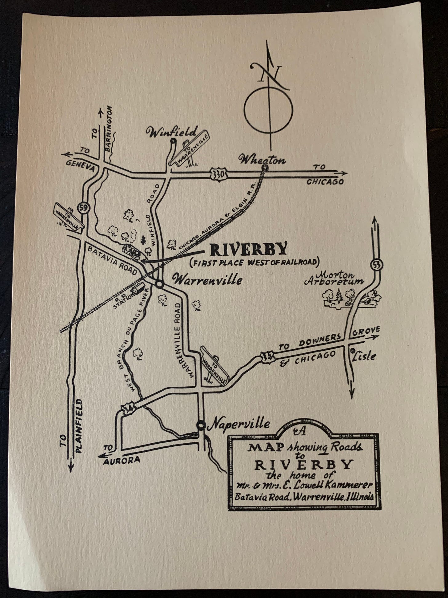 An ink drawn map of where Riverby is located along with some nearby locations, like the Arboretum.