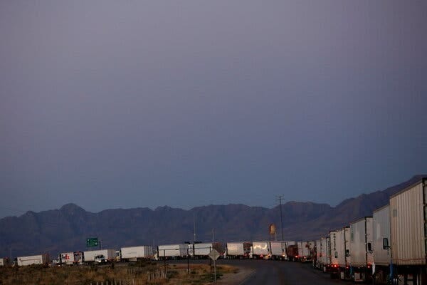 Trucks waited to cross into the United States via the Jeronimo-Santa Teresa International Bridge earlier this week.