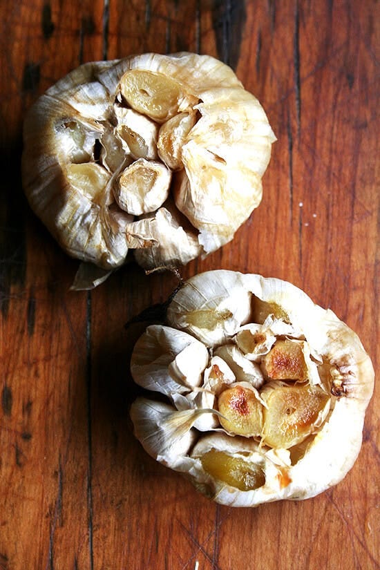 Whole roasted garlic heads. 