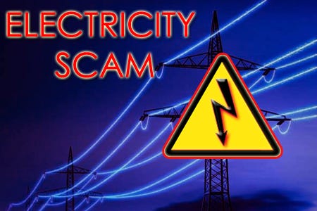 Image may contain: night, text that says 'ELECTRICITY SCAM'