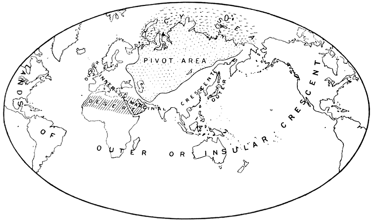 A crude world map with various zones of influence written on them