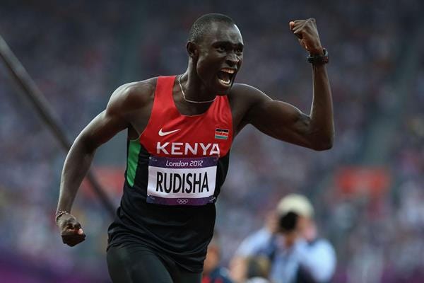 David Rudisha of Kenya celebrates after winning gold and setting a world record in the 800m at the London 2012 Olympics (Getty Images)