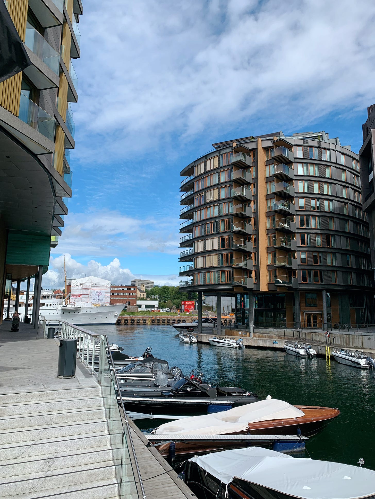 8-story apartment buildings and parked boats