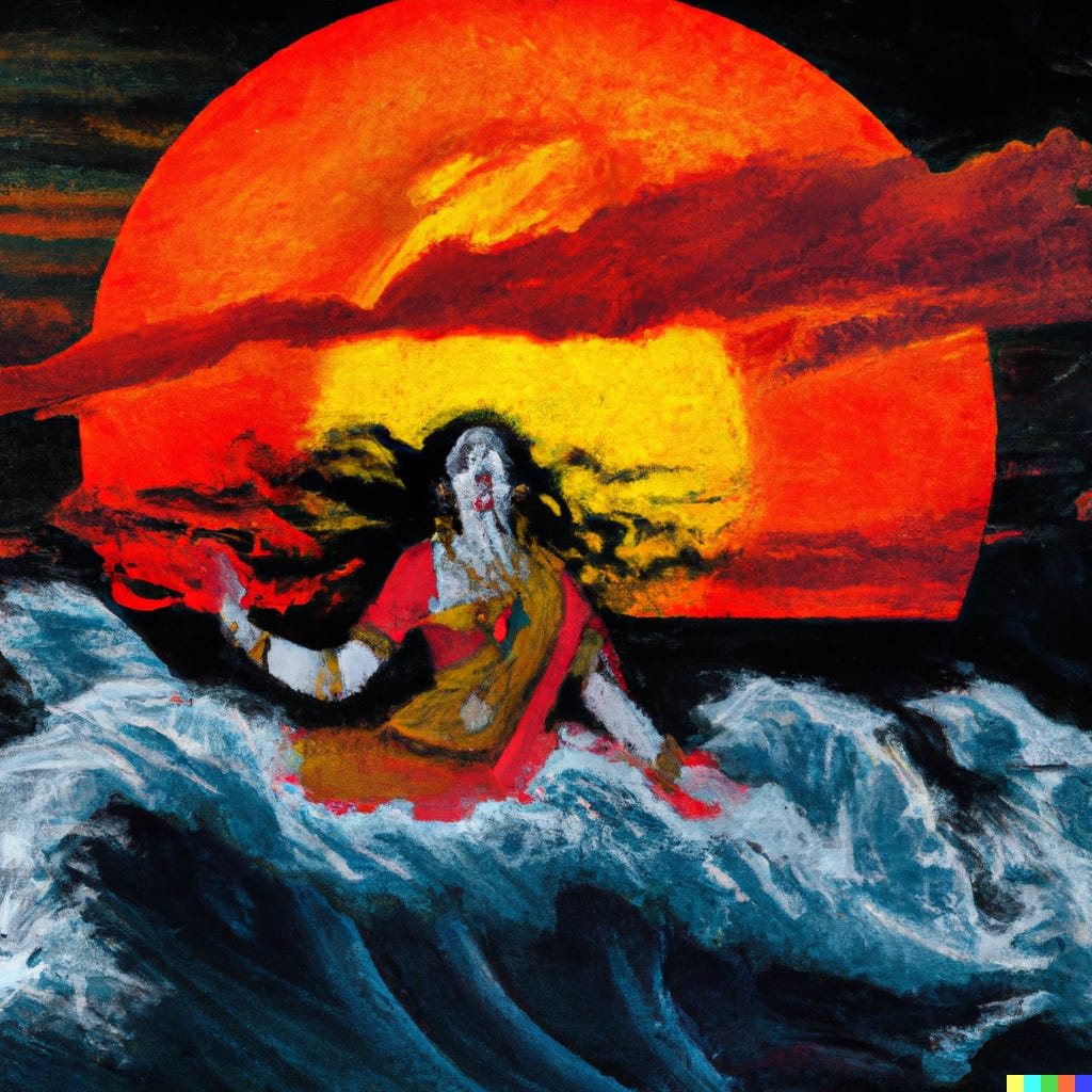 A blue-skinned woman stands in the dark ocean waves with an intense saffron sunset dominating the picture behind them and dark sky above. Her long black hair flies out behind her. She is wearing a red and saffron sari that floats on the surface of the water with the frothy rising waves.