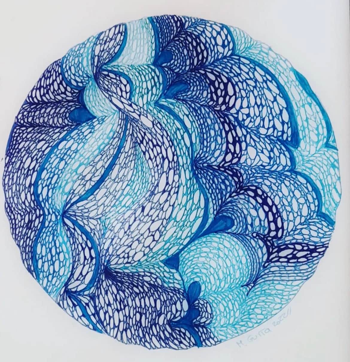 Abstract circle art. Various shades of blue. Almost like patterns of DNA folded on each other.