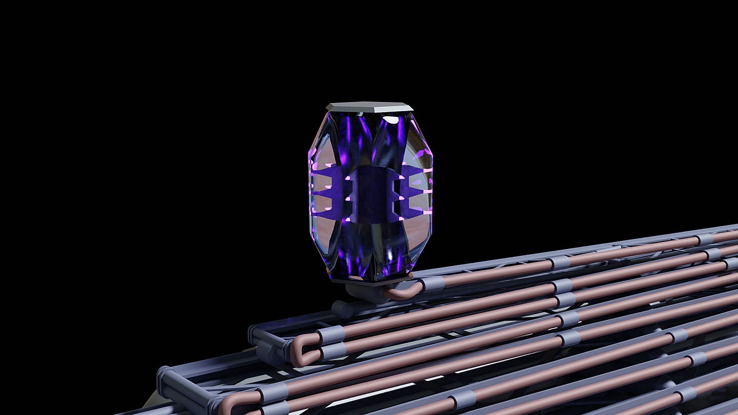 A closeup of the so-called lantern energy projector. It is crystal-like.