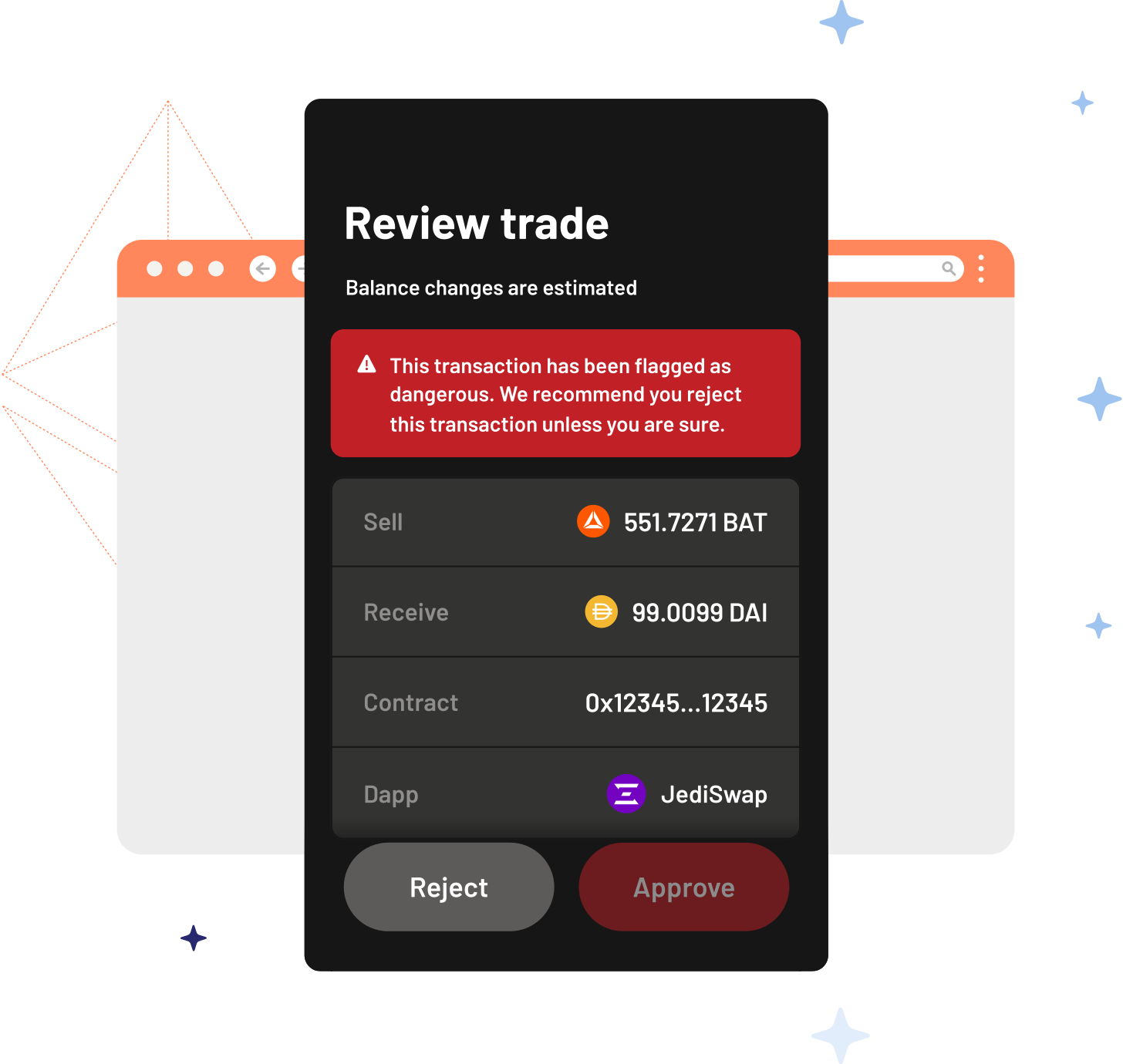 Argent X transaction review screen, with integrated fraud/scam warnings