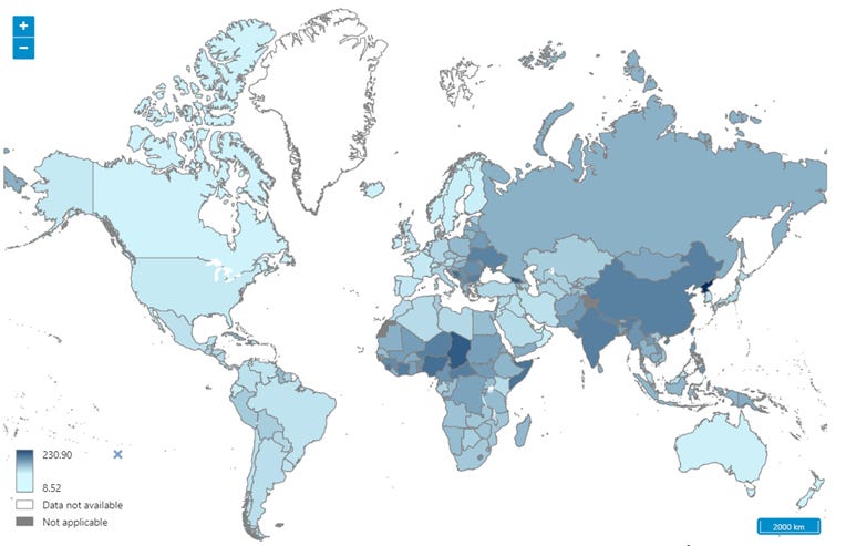 A map showing the global death rate per 100000 people from household and ambient air pollution. The highest death rates can be found in North Korea, Chad, Somalia, and China