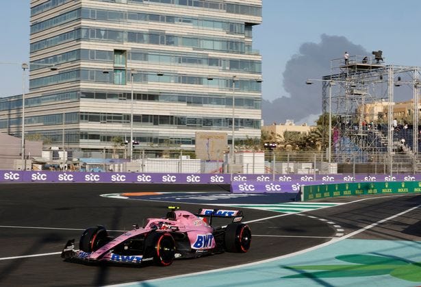 The thick, black smoke could be seen from the F1 track in Jeddah