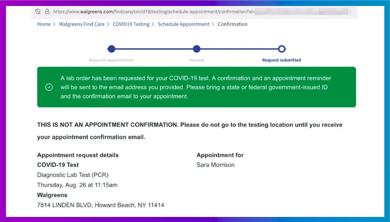 Walgreens Covid-19 test appointment page with sensitive ID blurred.