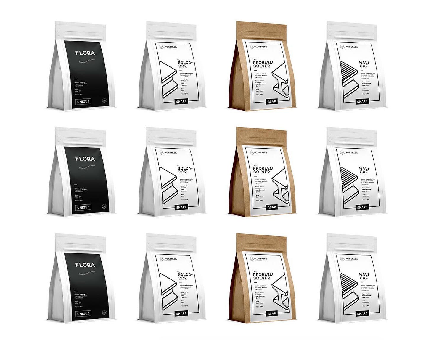Ironsmith Coffee Roasters coffee bags on a white background. Four rows of four bags lined up.