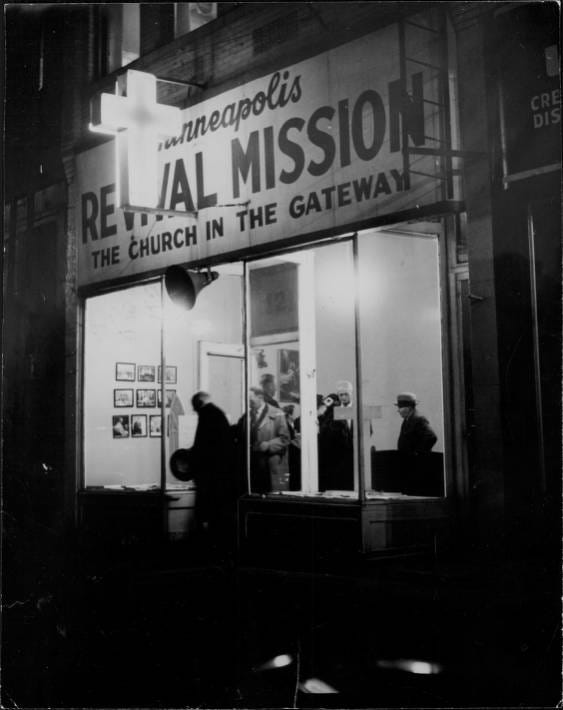 Men leaving a mission in Skid Row