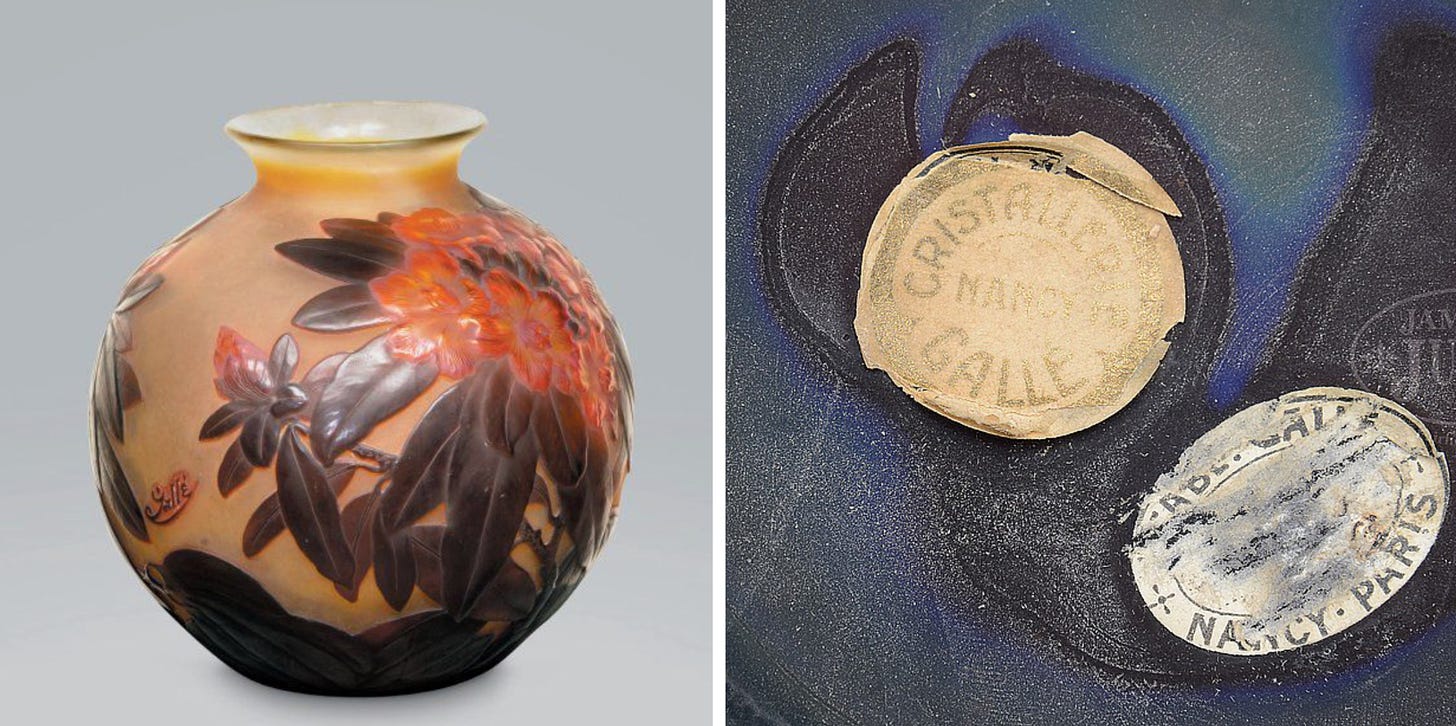 Left: Rhododendrons relief vase, Mk VI signed, ca. 1925-1936, Pierre Bergé & Associés, 2007-11-23 #515. Right: labels E4 and E7 from another Rhododendrons relief vase, James D. Julia, 2017-12-01 #1111.