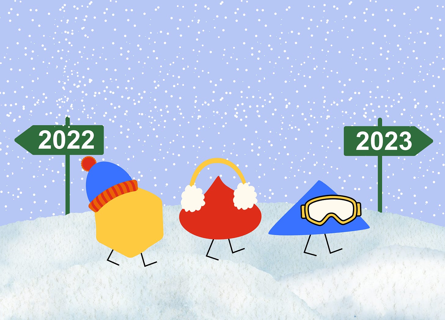 A graphic of three dumpling shapes with legs, wearing winter accessories, walking in the snow away from a sign that says 2022 and toward a sign that says 2023