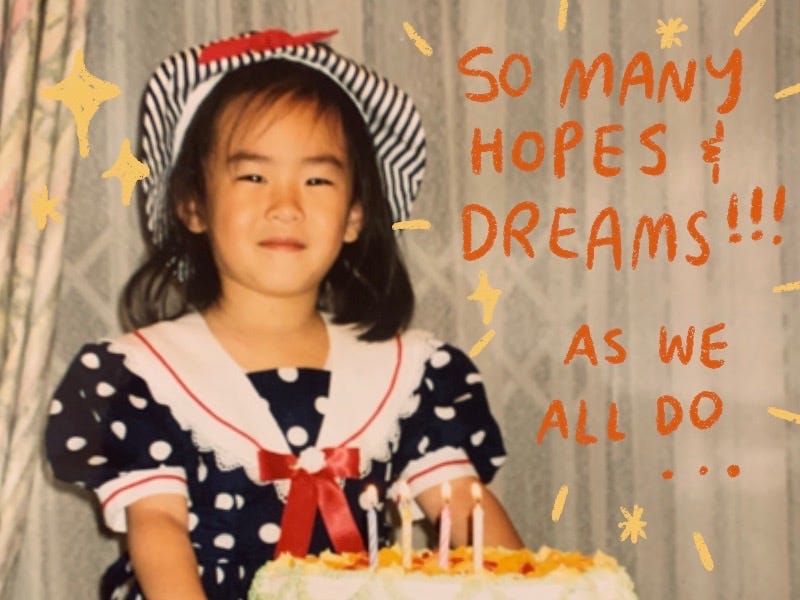 Young 4 year old asian girl blowing out birthday candles. big text says So many hopes and dreams! As we all do.