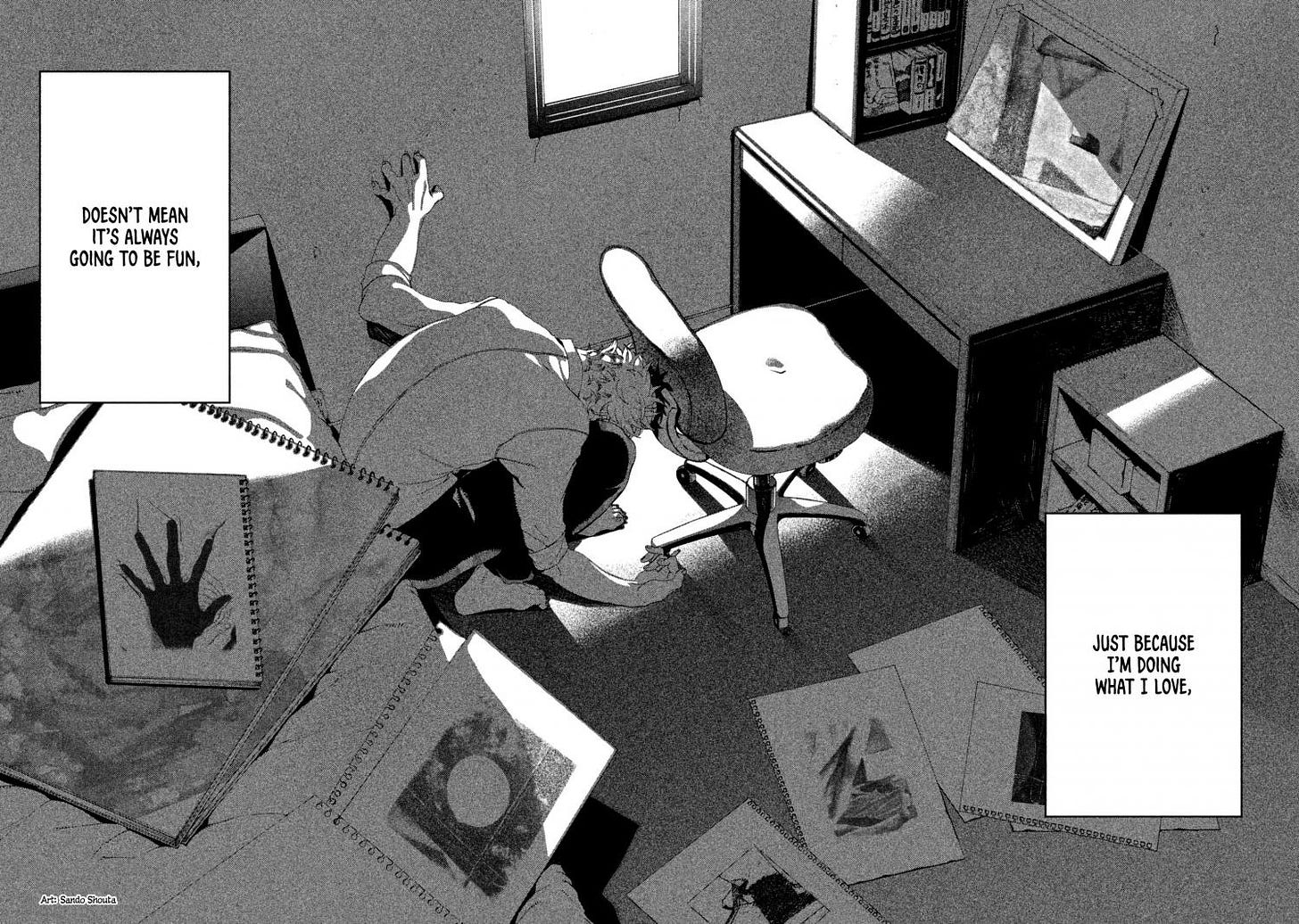 the main character of blue period, yatora yaguchi, hunched over in his room with his paintings strewn about. the text boxes say, just because i'm doing what i love, doesn't mean it's always going to be fun.