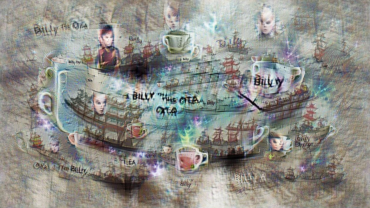 Classic sailing ships are interspersed with mugs of tea and pale young faces. Billy O Tea is written in fragmented form here and there.