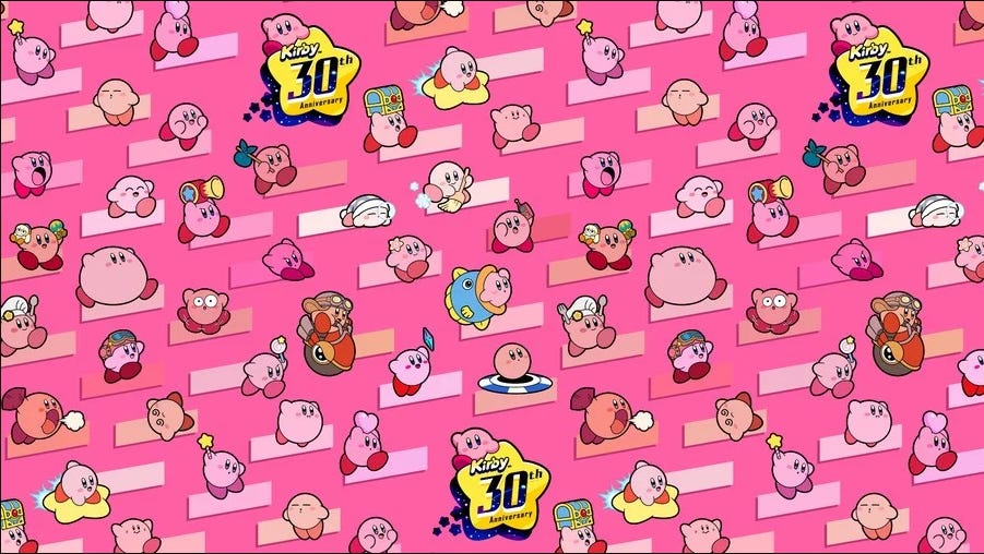 A resized wallpaper available from Nintendo's website to celebrate 30 years of Kirby, that features numerous iterations of the character in different action poses and outfits.