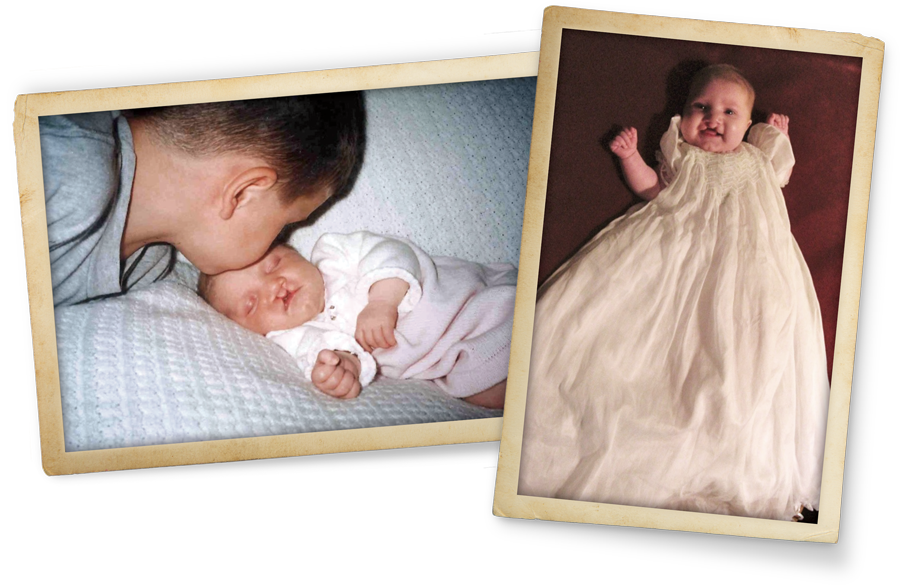 Cole kissing Mia as a baby, and Mia dressed for her baby dedication