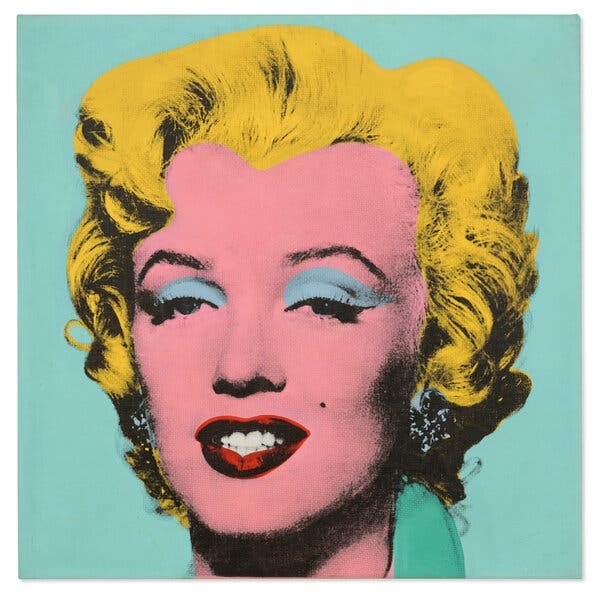 “Shot Sage Blue Marilyn,” a 1964 Andy Warhol silkscreen of Marilyn Monroe, wil be auctioned in May.