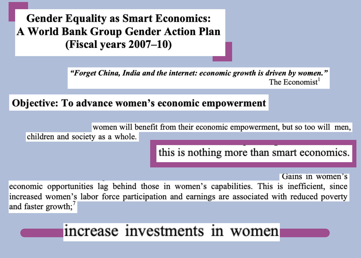 Blue image with text cut and paste from the World Bank Group Gender Action Plan 2007-2010