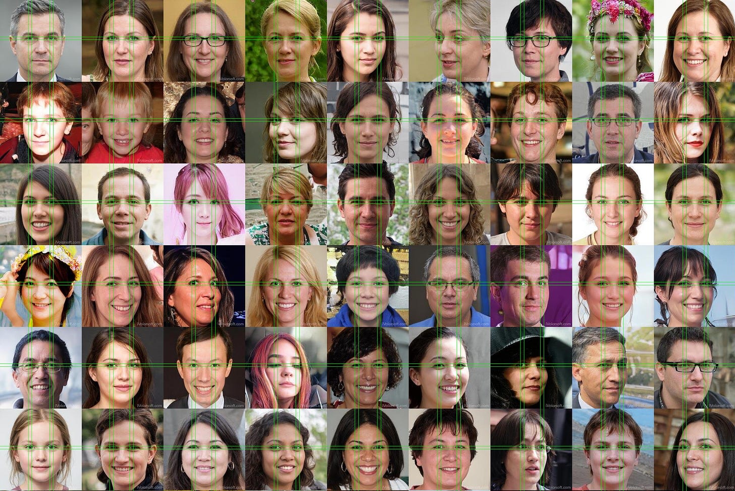 grid of 54 GAN-generated faces, with lines showing the extremely consistent eye placement