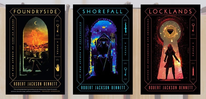 Book covers for each of the titles in the Founders Trilogy by Robert Jackson Bennett: Foundryside, Shorefall, and Locklands