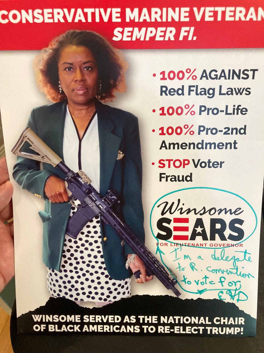 Joshua hosts a movie review podcast and writes on Twitter: &quot;Local candidate  for LT Governor in Virginia Winsome Sears holding an assault rifle in a  campaign print ad that my mom is