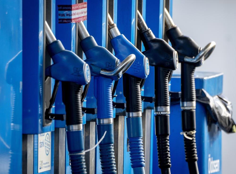 Taps are photographed at a gas station in Frankfurt, Germany, Wednesday, Oct. 5, 2022. A cut in oil production is on the table when OPEC oil-producing countries meet Wednesday. The OPEC+ alliance that includes Saudi Arabia and Russia is weighing a cut of a million barrels per day or more. The idea is to boost oil prices that have fallen from summer highs of over $100 to around $80 for U.S. crude. (AP Photo/Michael Probst)