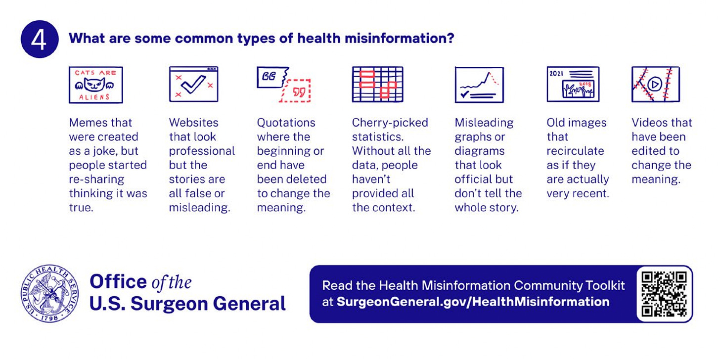 A continuation of the above screenshot from the toolkit. This part has a heading of “What are some common types of health misinformation?” But a question I’m interested in is… why is the plural Surgeons General?? It’s truly bizarre to think about why this is the case. I don’t care to know the real answer, but love thinking about it. I think Attorneys General is another example. Are there others?