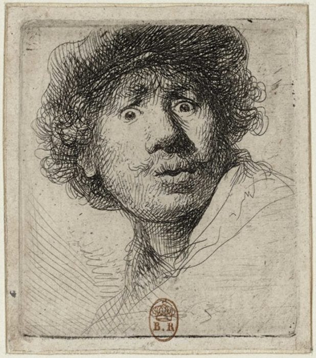 Rembrandt van Rijn, Self-Portrait in a Cap, Wide-Eyed and Open-Mouthed, c. 1630. Etching and drypoint; 2.09 x 1.81 inches. Bibliothèque nationale de France.