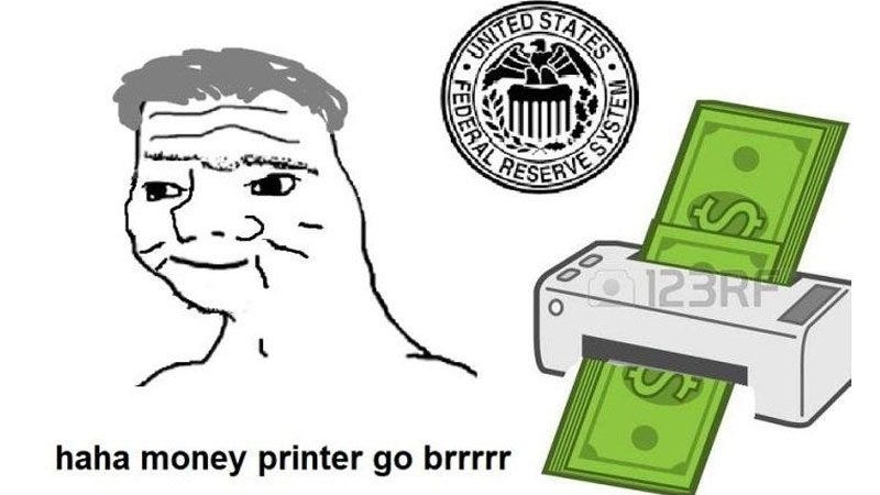 boomer wojak next to a united states federal reserve system seal and a money printer machine haha money printer go brrr