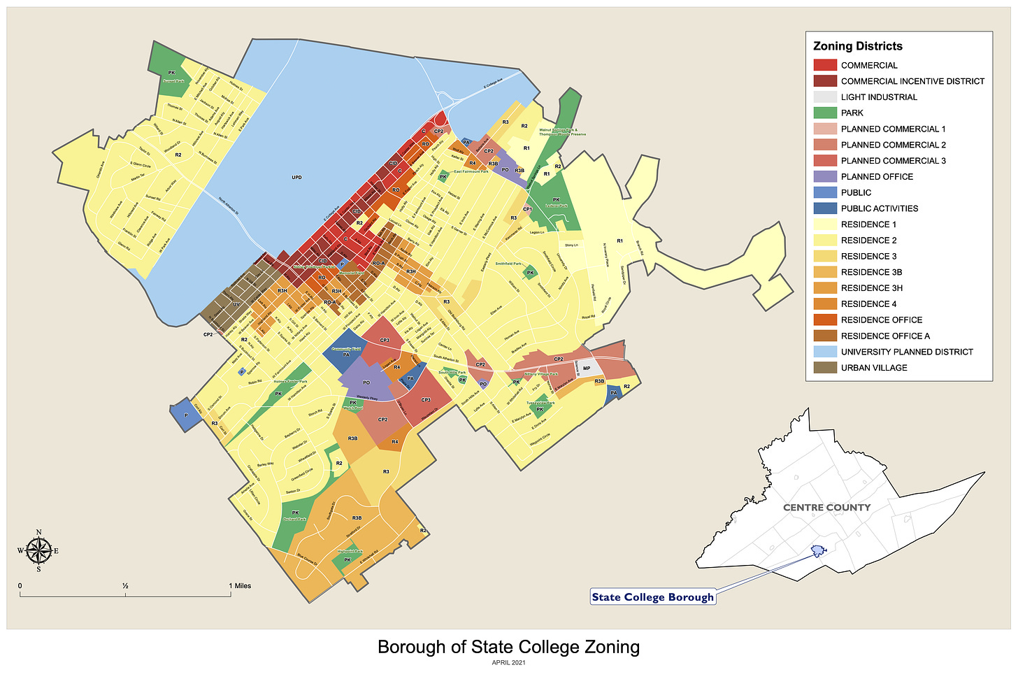 A zoning map of state college. Most of the area is a shade of yellow where apartment building is banned.
