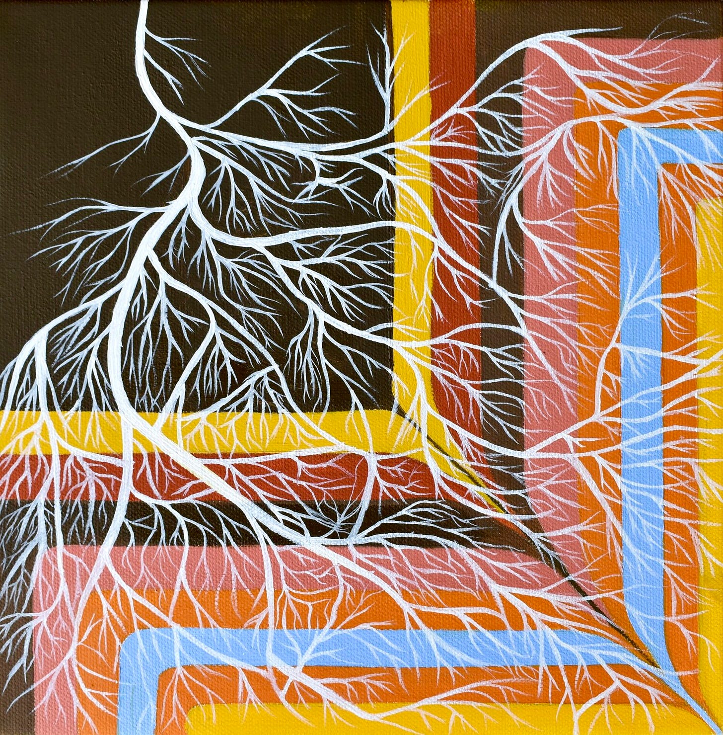 Mycorrhizal  Robyn Dyer Oil Paint on Canvas   Artist Statement  Mycorrhizal networks are fungal systems in plants and trees that connect one plant to another, often many. Through these networks, signals and nutrients are exchanged, with both parties benefitting from the connection and interaction. These exchanges help the oldest trees nurture and care for young seedlings or can be used to signal a defense against oncoming threats like drought and infestation. Without these systems, many ecosystems could not thrive. Inspiration strikes me when human nature and mother nature sing the same song and follow the same patterns. We, too, can benefit from the exchanges of our networks.   Artist Bio  Robyn Dyer is an artist and art educator based in Bakersfield, California. She received her Bachelors of Arts degree in Art Education from California State University Bakersfield under the mentorship of Joey Kötting. Dyer creates paintings inspired by the oddities and nuances of nature and the colors and spirit of California.