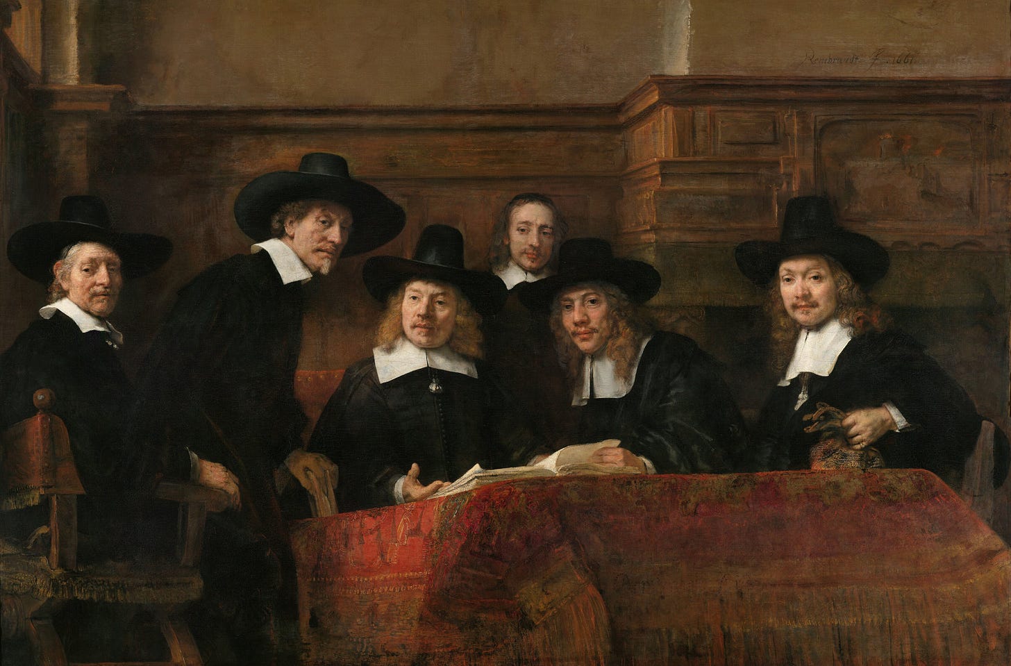 The Sampling Officials of the Amsterdam Drapers’ Guild, Known as ‘The Syndics’ (1662) by Rembrandt van Rijn