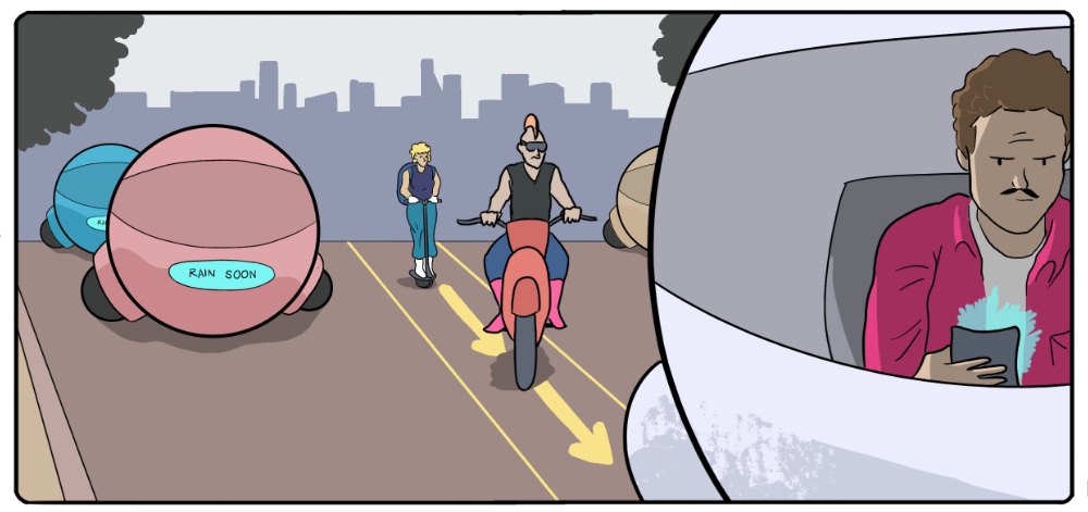 An illustration with globular vehicles and a few people in a painted bike lane with a moped and scooter